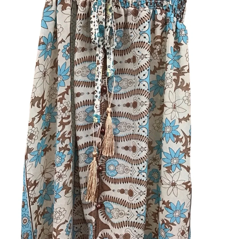 Boho Long Sheer Floral Maxi Dress XL Blue and Cream Prairiecore - Picture 3 of 9